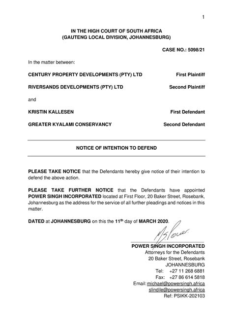 Notice Of Intention To Defend 1 In The High Court Of South Africa