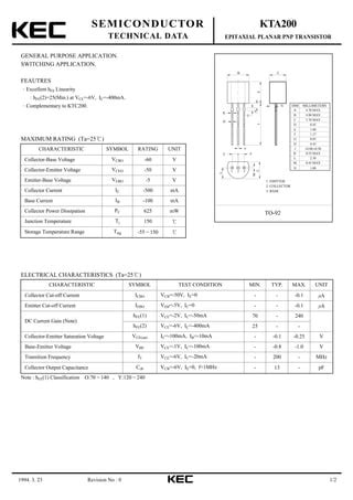 Original PNP Transistor KTA200 Y AT A200 TO 92 New KEC PDF