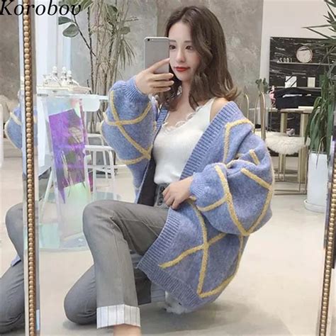 Korobov Korean Loose Casual Women Cardigans Plaid Patchwork Female