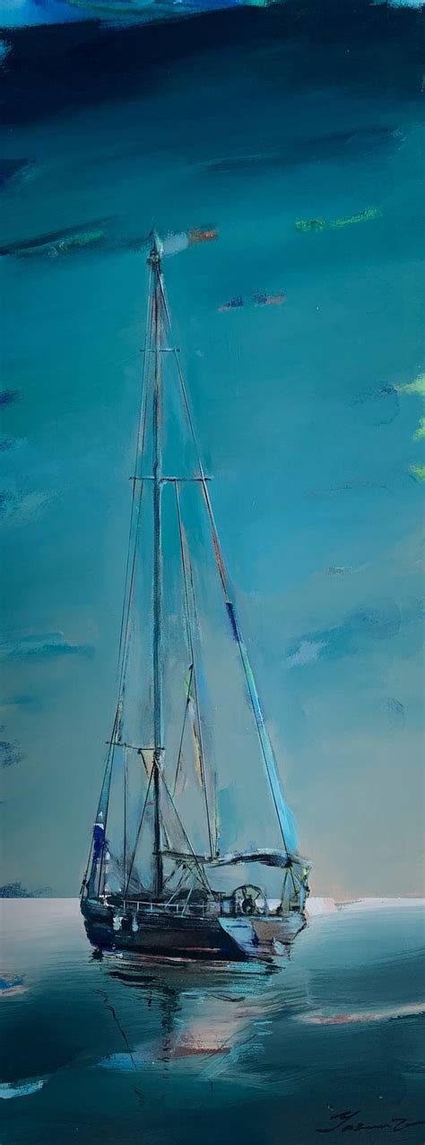 Vertical painting-Green ocean-sunset-sailing boat-seascape Painting by ...