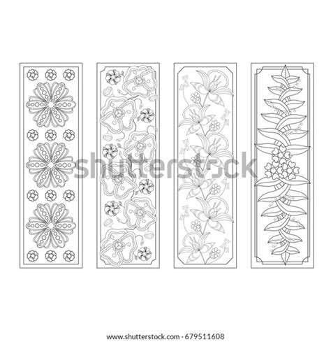 Set Of Four Bookmarks Black And White Hand Draw Sketch Fantasy