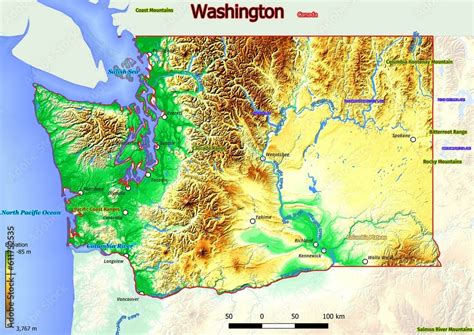 physical map  washington  mountains plains bridges rivers