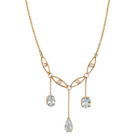 Edwardian 15ct Yellow Gold Seed Pearl With Three Aquamarine Droplets Necklace Avenue J