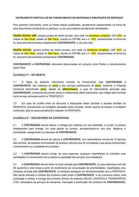 Contrato Fornecimento De Materiais De Constru O Instrumento