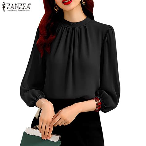 Zanzea Women Vintage Fashion Round Neck Solid Color Sleeve Blouse