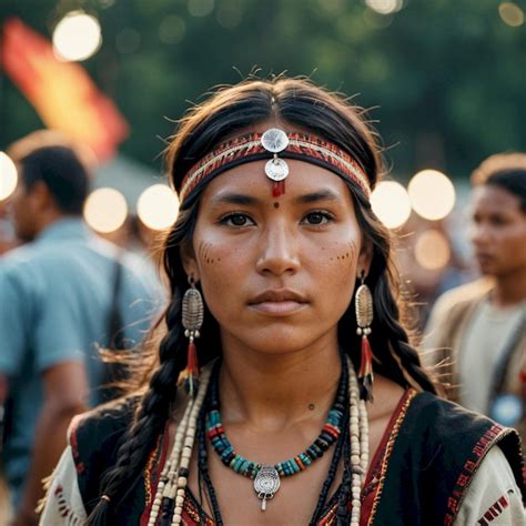 A Woman Wearing A Headdress Stands In Front Of A Crowd Of People