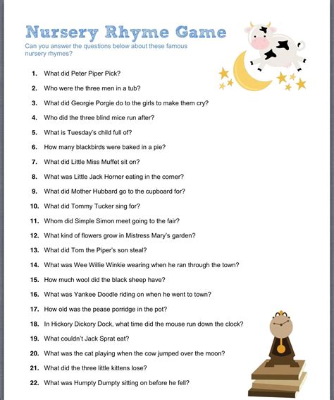 Free Printable Baby Shower Nursery Rhyme Games With Answer Key