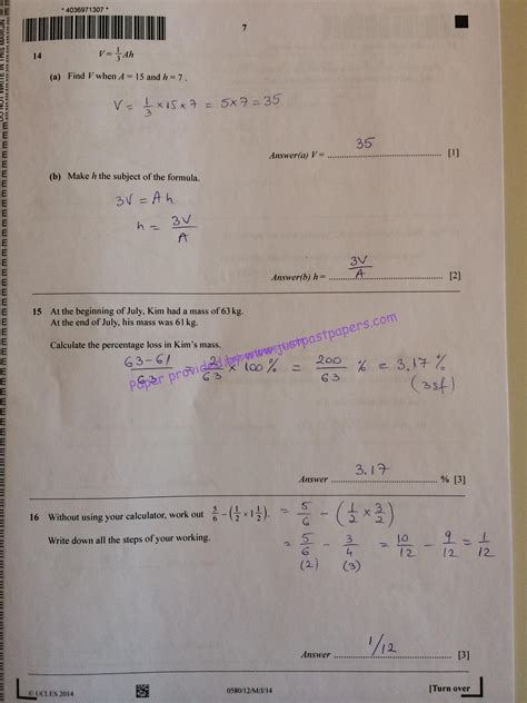 Cie 0580 Igcse Core Paper 12 May June 2014 Mathematics Solution