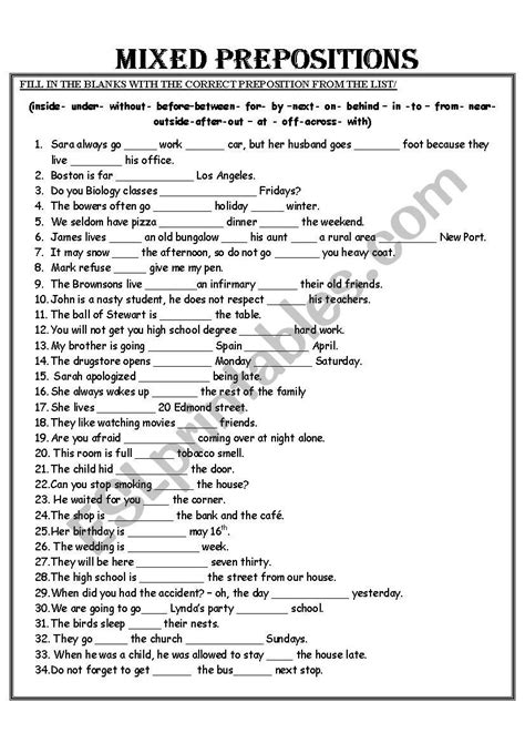 Prepositions Worksheet For Grade Icse