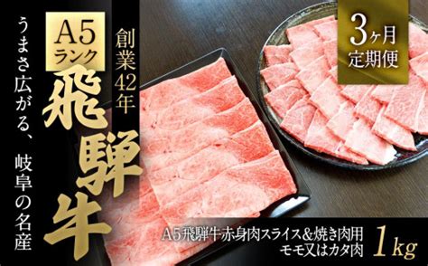 【3ヶ月定期便】a5飛騨牛赤身肉スライス＆焼き肉用1kgモモ又はカタ肉 Tふるさと納税