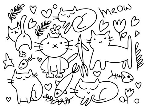 Vector Set Of Cats And Doodle Elements Funny Hand Drawn Cats Animals