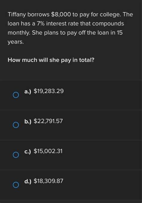 Solved Tiffany Borrows 8 000 To Pay For College The Ioan Chegg