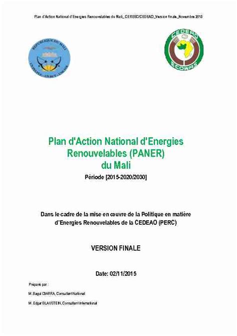 Plan Daction National Denergies Renouvelables Paner Du Mali Pdf