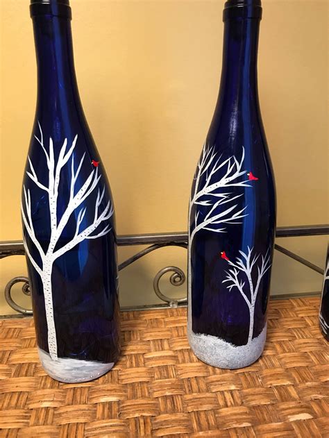 Handpainted Lighted Blue Wine Bottle With Birch Trees And Etsy Blue