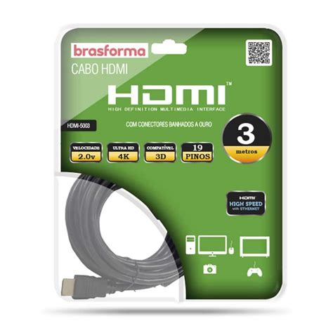 Cabo Hdmi 4k Ultra Hd 2 0 3 Metros Brasforma Audio E Vídeo Cabos