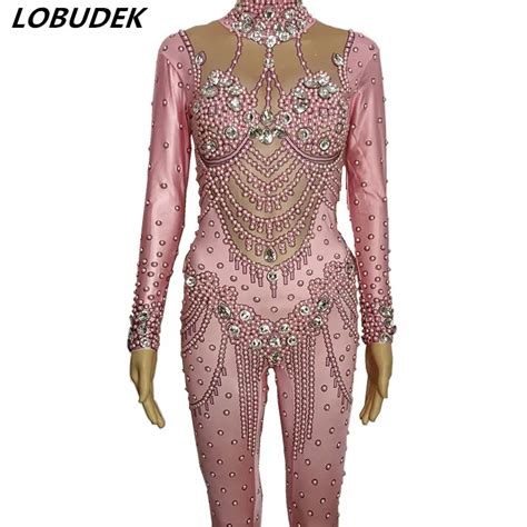 Sparkly Crystals Pearls Jumpsuit Pink Rhinestones Elastic Bodysuit