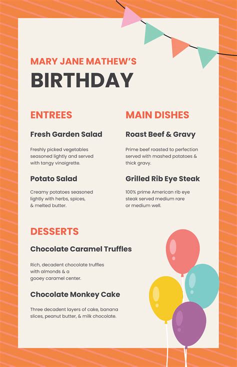 Free Birthday Menu Templates And Examples Edit Online And Download