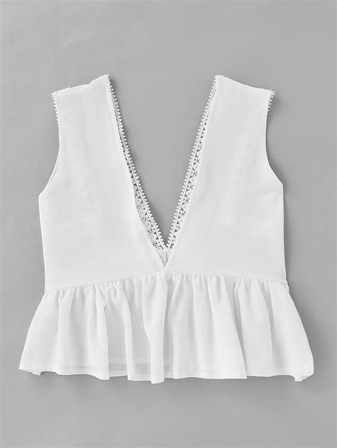 Plunging V Neckline Lace Trim Frill Hem Top Shein Sheinside