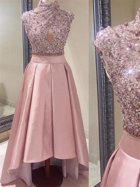 Unique Prom Dresses High Neck Asymmetrical Sequins Satin Prom Dress Ev