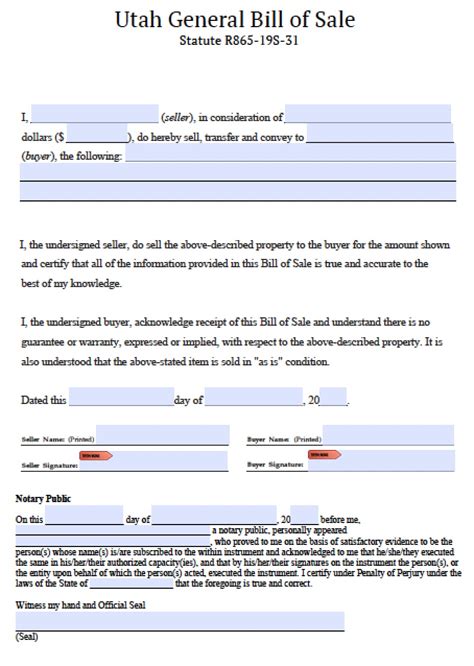 Bill Of Sale Utah Printable