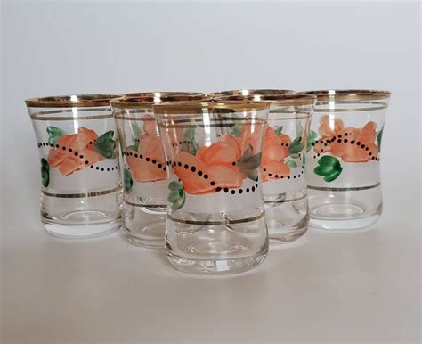 Hand Painted Shot Glass Set Of 7 Gold Trim Peach Green Floral Design White Black Dots Cordial