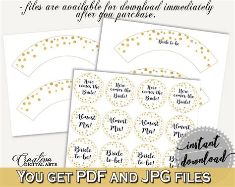 Gold Confetti Bridal Shower Cupcake Toppers Printable Gold White