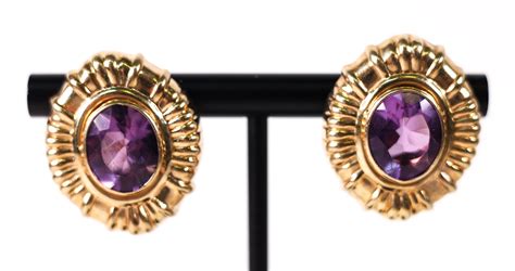 Lot Pair 14k Yellow Gold Amethyst Earrings