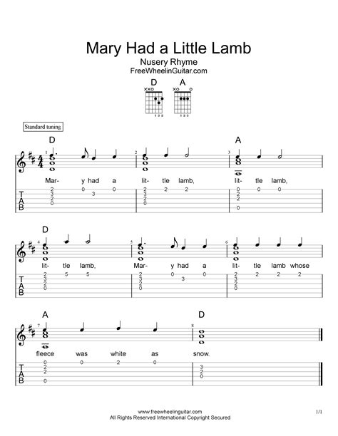 Mary Had a Little Lamb - Tab & Sheet Music - FreeWheelinGuitar.com