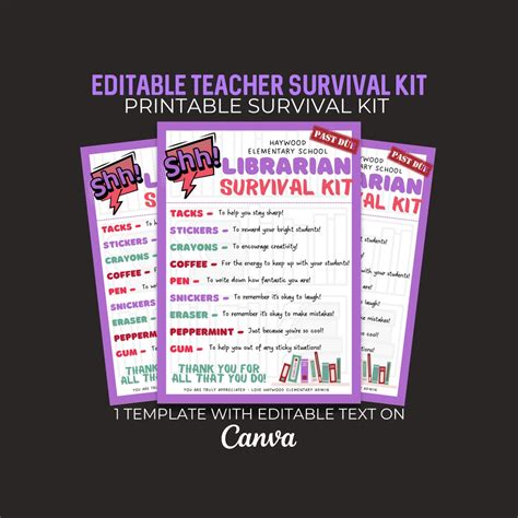 Editable Librarian Survival Kit Back To School Library Worker Etsy