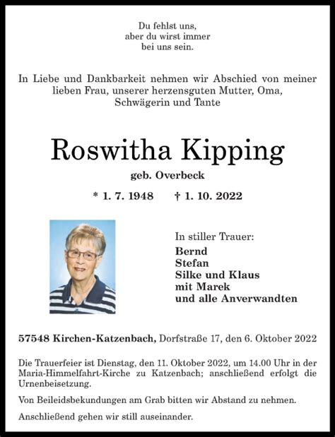 Traueranzeigen Von Roswitha Kipping Rz Trauer De