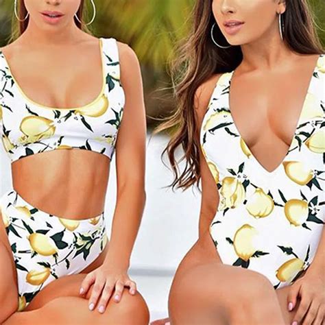 Sexy Women One Piece Swimsuit Lemon Print Bikini Push Up Swimwear