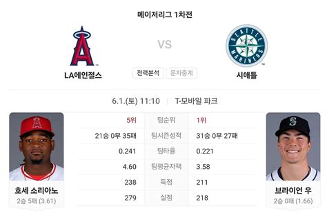 6월 1일 Mlb La 에인절스 Vs 시애틀 매리너스 타카짱의 경기 예측 분석