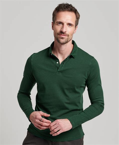 Mens Long Sleeve Jersey Polo Shirt In Enamel Green Superdry Uk