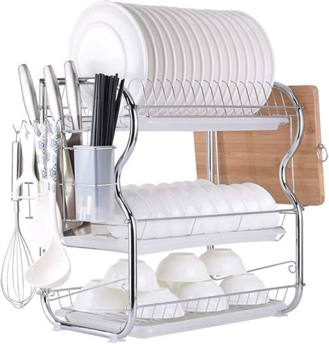 Kitchen Stainless Steel 3 Tier Dish Drainer Rack Holder Organization