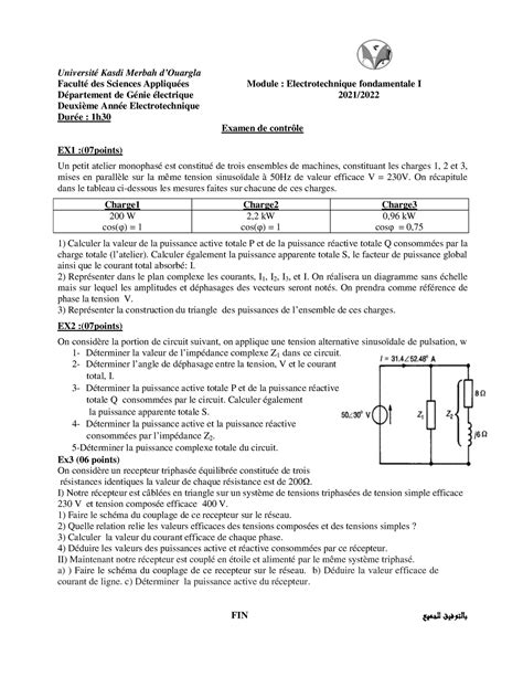 Examen 1 Solution Electrotechnique fondamentale 1 Université Kasdi