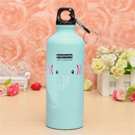 Botol Minum Aluminium Kartun 500ml Dengan Karabiner Elephant Blue