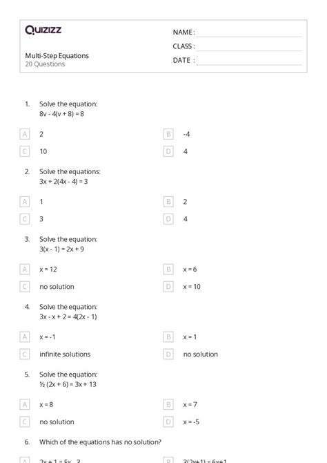 Multi Step Equations Worksheets For Th Grade On Quizizz Free