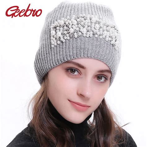 Geebro Womens Beanie Hats With Applique Winter Knitted Cashmere Pearl