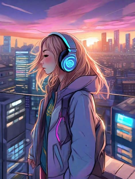 Premium Ai Image Anime Girl With Headphones And Jacket Finds Tranquility On Rooftop