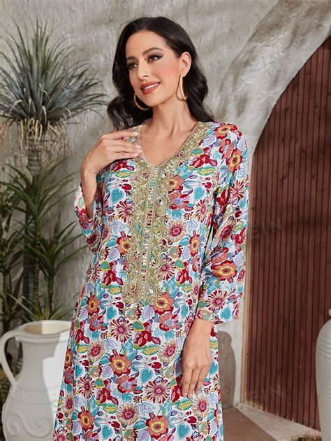 Shein Najma Elegant Floral Print Splice Lace Long Dress For Spring And