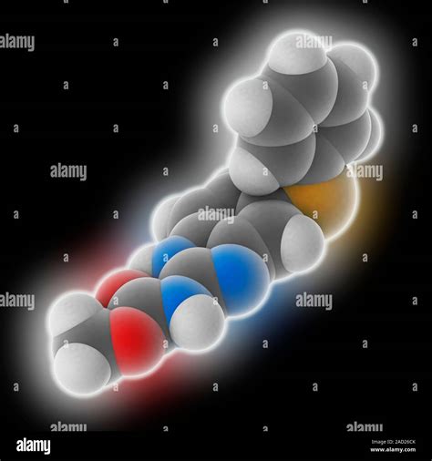 Fenbendazole. Molecular model of the drug fenbendazole (C15.H13.N3.O2.S ...