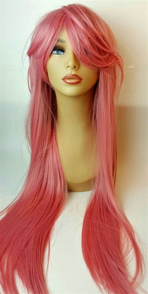 Long Pink Wig with Long Sweeping Bangs Long Pink Wig Pink | Etsy