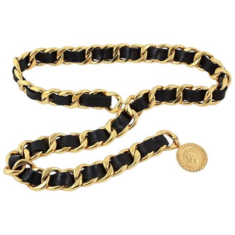 Chanel Black Leather Woven Gold Chain Belt At 1stdibs Black And Gold