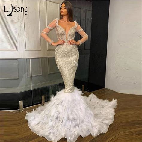 Luxurious Beaded Crystal Feather Mermaid Evening Dresses See Thru Full