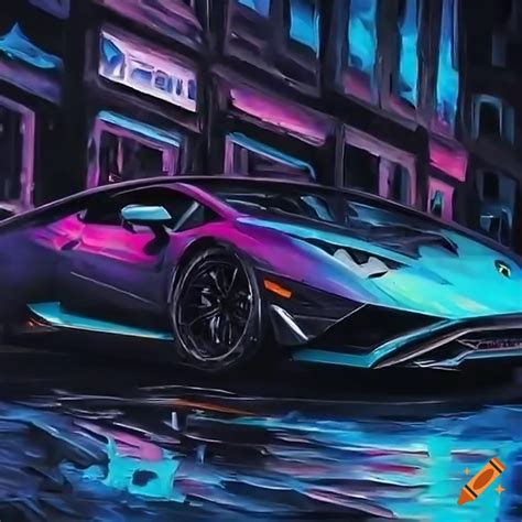 Futuristic Lamborghini Huracan Sto Driving Through Neon City Streets On