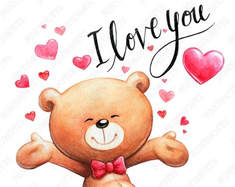 Teddy Bear Clip Art With Hearts And I Love You Watercolor Digital