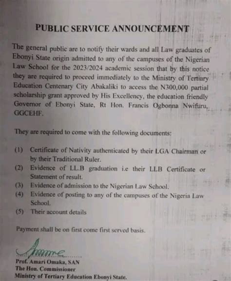 Special Announcement To All Law Graduates Of Ebonyi State Origin Admitted To Any Of The Campuses