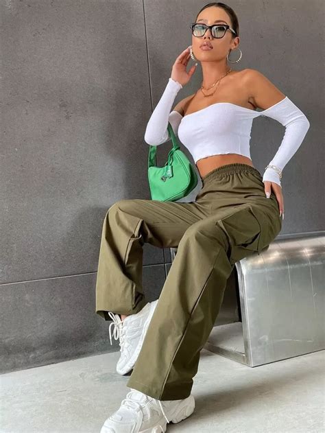 Solid High Waist Flap Pocket Cargo Pants Shein Streetwear Women