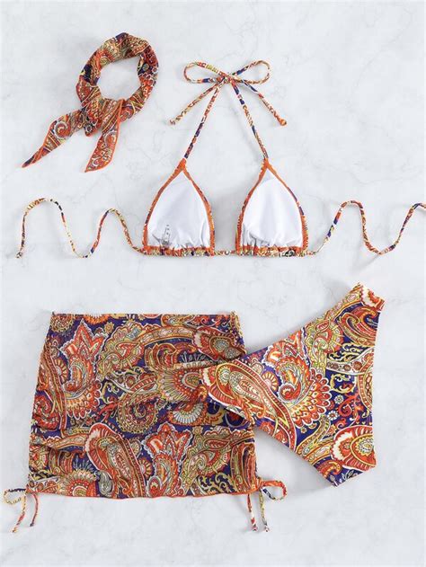 Shein Swim Bohofeel Paisley Print Bikini Set Halter Triangle Bra And Bikini And Drawstring Ruched