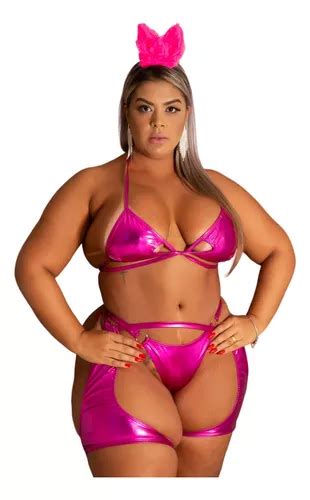 Cj Lingerie Fantasia Sexy Coelhinha Rosa Plus Size Completo